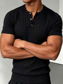 ZYNTH BALENO Men's Summer Ribbed Henley Neck Slim Fit Short Sleeve Sweater, Suitable For Outdoor Sports And Gym Workouts - Black - View 3