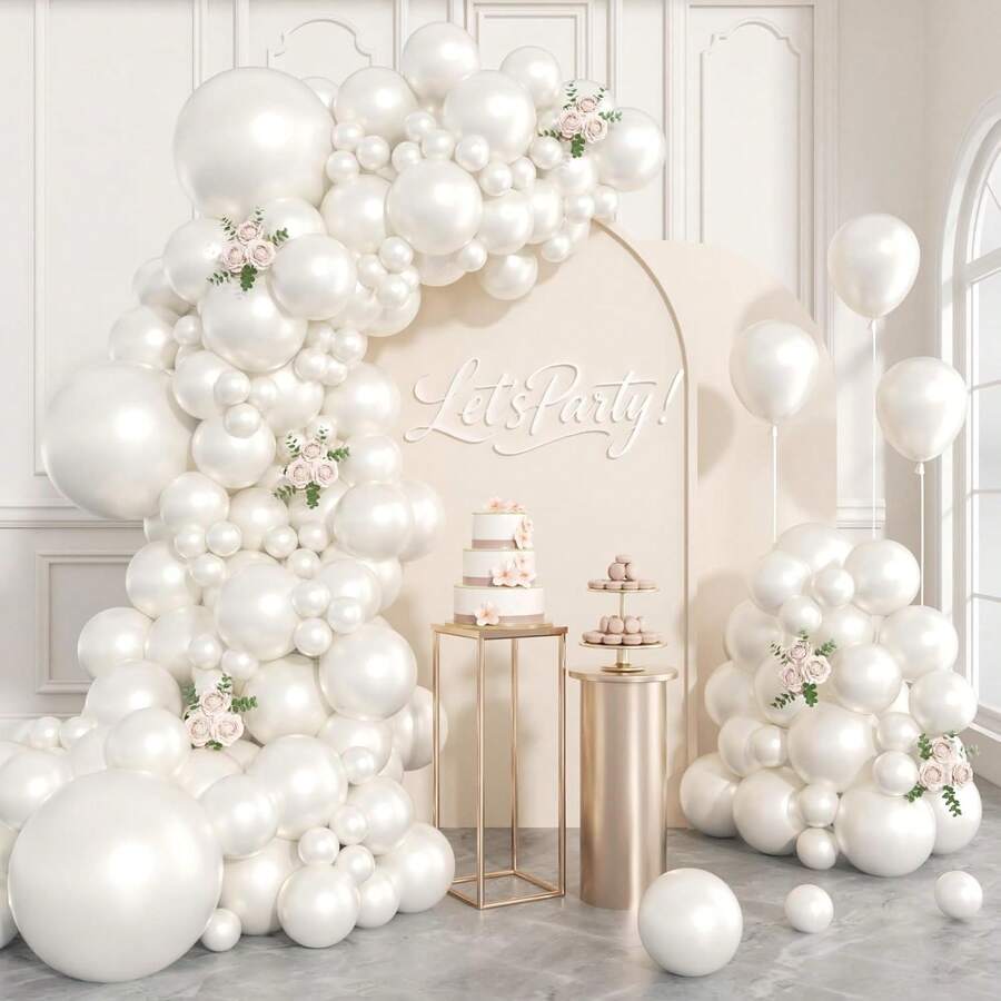 111pcs Pearlescent White Balloon Arch Kit, Featuring Pearlescent White Latex Balloons In Various Sizes (18, 12, 10, And 5 Inches); Perfect For Birthday Parties, Baby Showers, Proposals, Engagements, Weddings, Anniversaries, And More. - View 1