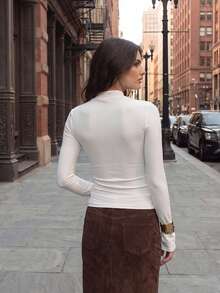 Atasan Wanita Slim Fit Model Choker Neck Lengan Panjang Mengembang, Blus Dasar Nyaman untuk Sehari-hari, Santai, Pergi Keluar, Kencan - Putih - View 3