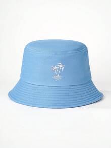 1pc Unisex Y2K Style Embroidered Coconut Tree Bucket Hat, Outdoor Sun Protection Hat Suitable For Outdoor Sports, Sunshade, Daily Commute - Denim Blue - View 2
