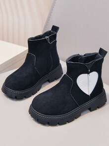 Korean Style Colorblock Heart Thermal Lined Ankle Boots Children's Thick Sole Anti-Slip Boots Side Zipper Winter Boots - Black - View 4