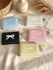Cute Polka Dot 3-Fold Wallet With Bow Decor,Star Wing Charm,Portable Coin Purse & Card Holder,Compact Women's Short Purse,Daily Card Organizer - Multicolor - View 7