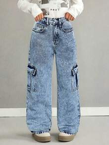 Tween Girls' Casual Loose Denim Long Pants, Straight Leg Cargo Pants With Flap Pockets And Contrast Stitching Details, Suitable For Spring/Summer Y2K Vintage Washed 2000s Denim Cargo Pants - Blue - View 1
