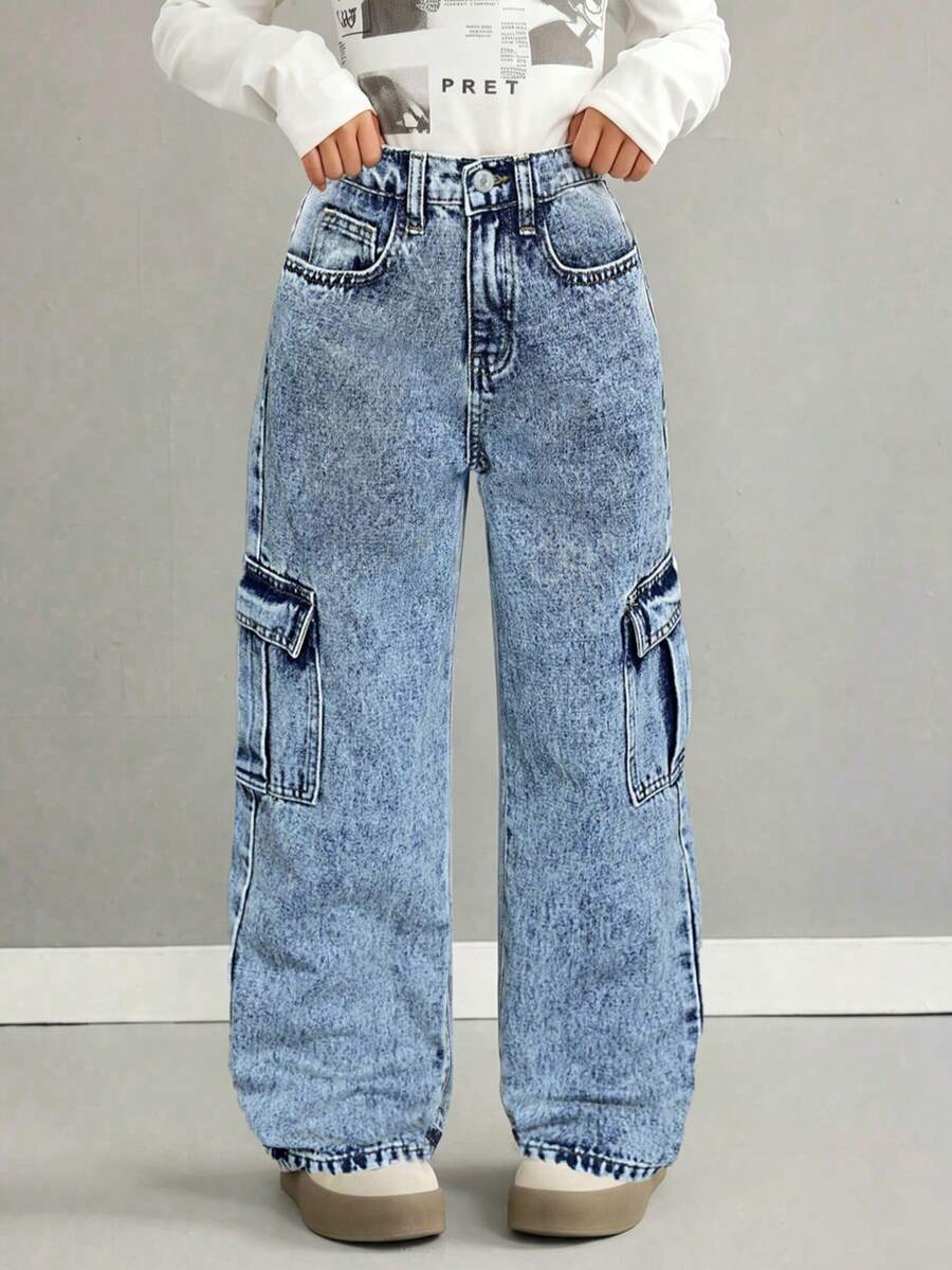 Tween Girls' Casual Loose Denim Long Pants, Straight Leg Cargo Pants With Flap Pockets And Contrast Stitching Details, Suitable For Spring/Summer Y2K Vintage Washed 2000s Denim Cargo Pants - Blue - View 1
