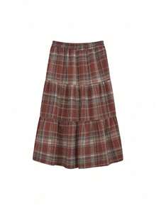 Women's Autumn/Winter Red Plaid Wool Flattering High Waist Versatile Cake Midi Umbrella Skirt - Burgundy - View 6