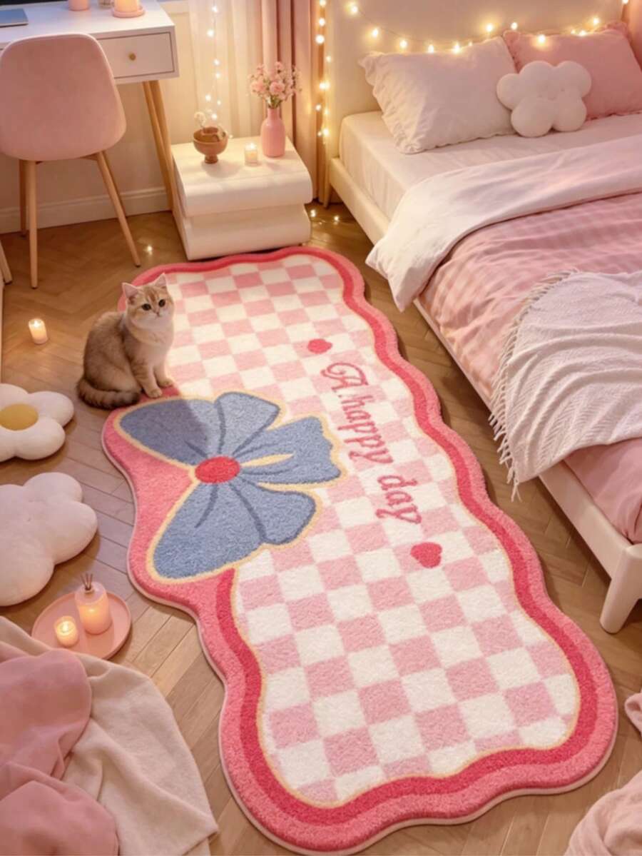1 pieza Alfombra decorativa con lazo azul y cuadros rosas, manta para la cama, alfombra decorativa, alfombra para la sala de estar, alfombra de felpa para la cama, alfombra de otoño/invierno, alfombra gruesa, alfombra grande para la sala de estar, alfombra para el dormitorio, decoración del hogar para la sala de estar, alfombra para exteriores, alfombra lavable - Multicolor 1 - Ver 1