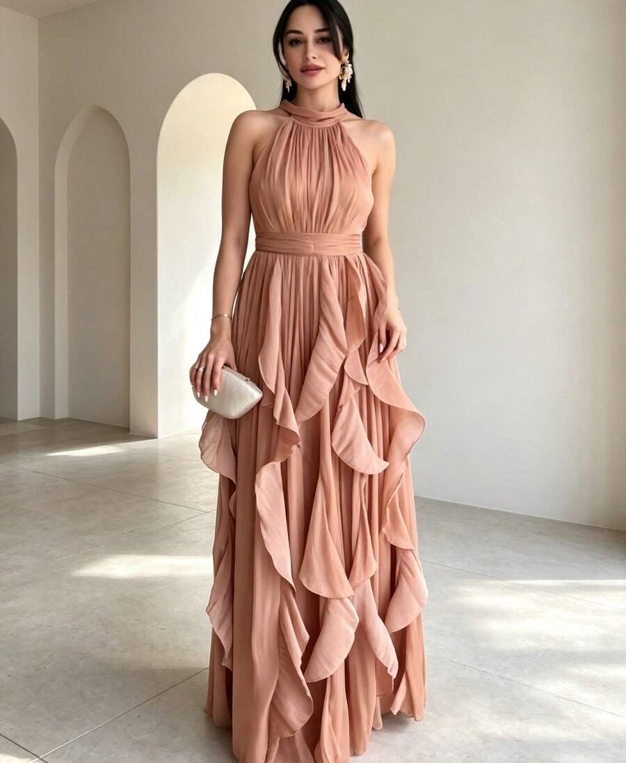 Vestido Largo Elegante de Verano para Mujer, Cuello Halter, Cintura Fruncida, Falda Holgada, Ideal para Banquetes, Fiestas y Reuniones - Marrón tierra - Ver 1