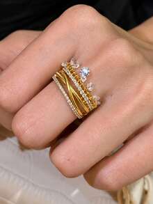 1pc Multi-Layer Fashion Gold Plated Ring Set With Zirconia Crystal Tassel, Adjustable Open Ring, Jewelry For Wedding, Party - Multicolor - View 3