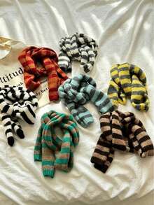 Striped Knitted Knitted Narrow Scarf, Fashionable Contrast Color Neck Warmer, Versatile For Autumn/Winter For Dress - Colorblock Striped Small Scarf - View 1