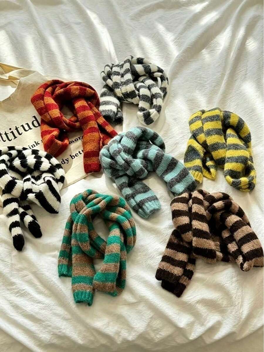 Striped Knitted Knitted Narrow Scarf, Fashionable Contrast Color Neck Warmer, Versatile For Autumn/Winter For Dress - Colorblock Striped Small Scarf - View 1