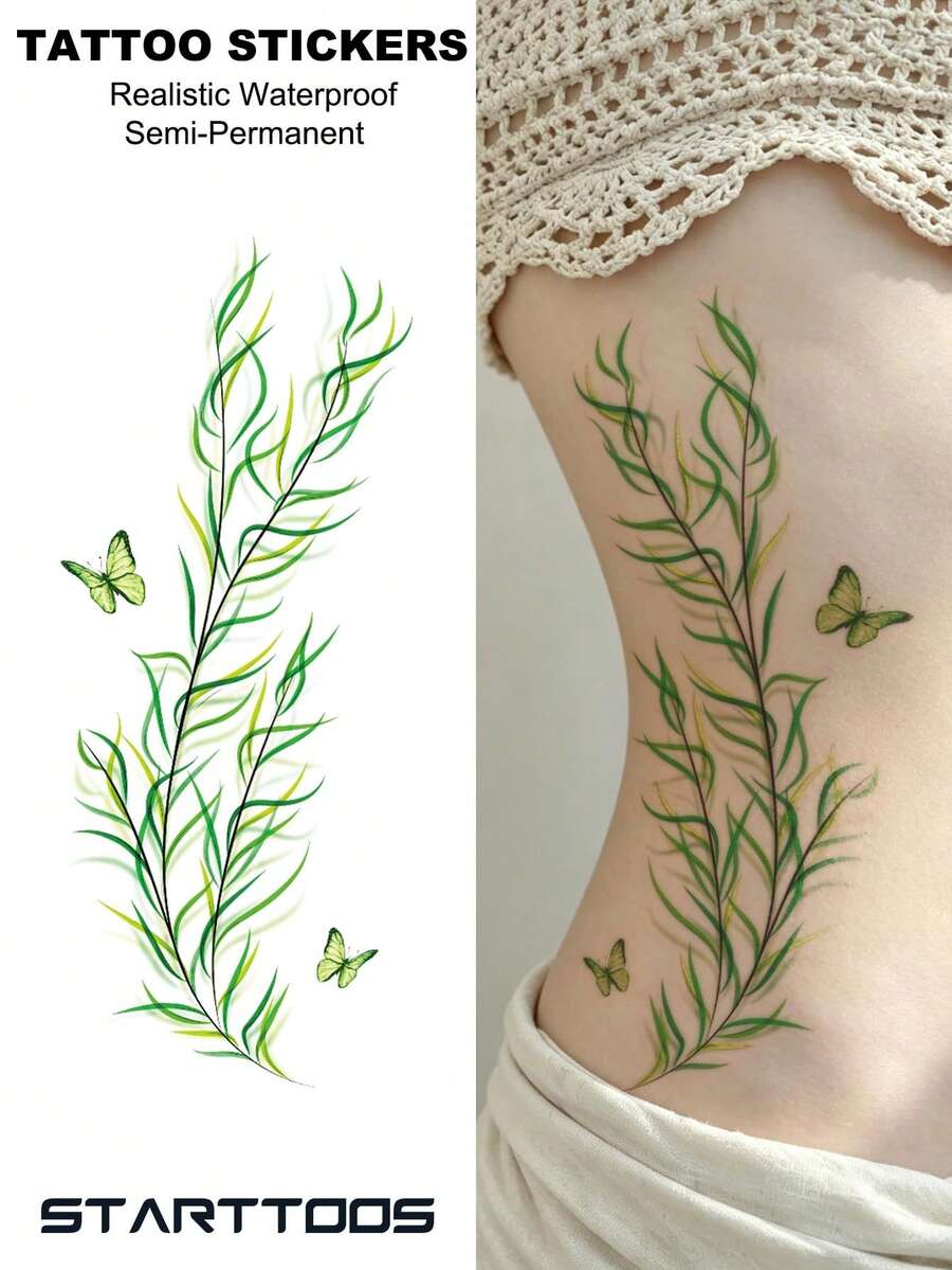 1pc Halloween Mori Style Fresh Willow Leaf & Butterfly Pattern Temporary Waterproof Tattoo Sticker For Arm, Waist, Abdomen, Leg, Body, Holiday Gift, DIY Party Favor - Multicolor - View 1