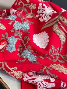 1件女款秋冬仿羊絨花卉刺繡圍巾，波希米亞風加厚保暖流蘇刺繡旅行披肩斗篷 - 紅色 - 查看 4
