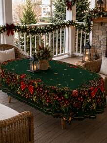 1pc Dark Green Christmas Wreath Tablecloth, Elegant Polyester Rectangular Tablecloth, Printed With Pine Branches, Red Bows, Berries And Decorative Balls Pattern, Suitable For Kitchen Decor, Home Decor, Room Decor, Christmas Home Decor And Classroom Decor - Multicolor - View 12