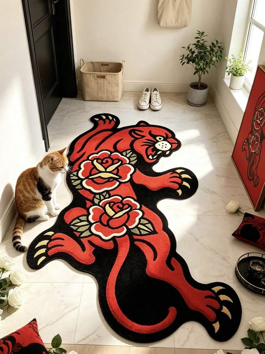 1pc Vintage American Red Leopard Design, Red Blood Rose Pattern Carpet, Faux Cashmere 300 Material. Doormat, Small Rug, Welcome Mat, Carpet, Floor Mat, Outdoor Doormat, Kitchen Rug - Red - View 1