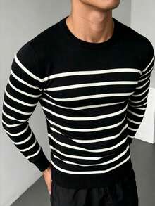 ZYNTH BALENO Men's Fashion Striped Crew Neck Long Sleeve Sweater, Suitable For Fitness, Workout, Sports, Black - Black - View 4