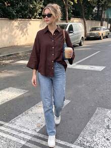 Women's Elegant Loose Solid Color Blouse, Fashionable Vacation High Street Shirt, Spring/Summer Blouse Brown - Brown - View 3