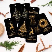 50pcs Merry Christmas Gift Tags With Jute Rope, Black And Gold Holiday Design, Featuring Reindeer, Christmas Tree And Wreath Patterns, Suitable For Gift Wrapping, Gift Bags And Party Favor Decoration - Multicolor - View 6