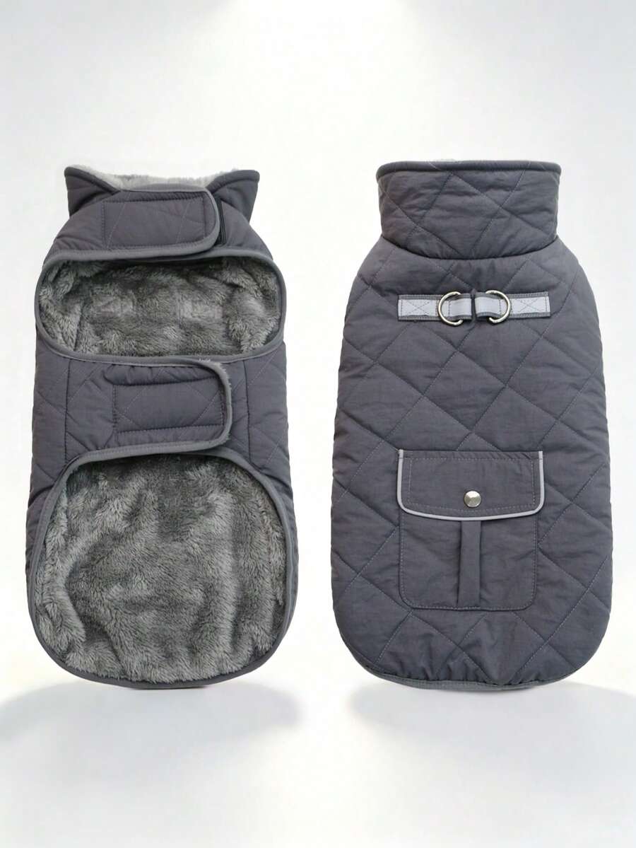 Dog Winter Coat With Plush Insulation Dog Jacket With D-Ring Reflective Tape Pocket Design Adjustable Hook And Loop Pet Vest Suitable For Medium And Large Dogs - Dark Grey - View 1