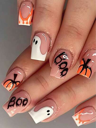 Halloween Nail Art, 24pcs Including Pumpkin Face, Ghost, Orange Bloodstain And Other Designs, Suitable For Various Occasions: Sexy Lady, Career Woman, Party, Date, Daily Wear And Holiday Celebration.