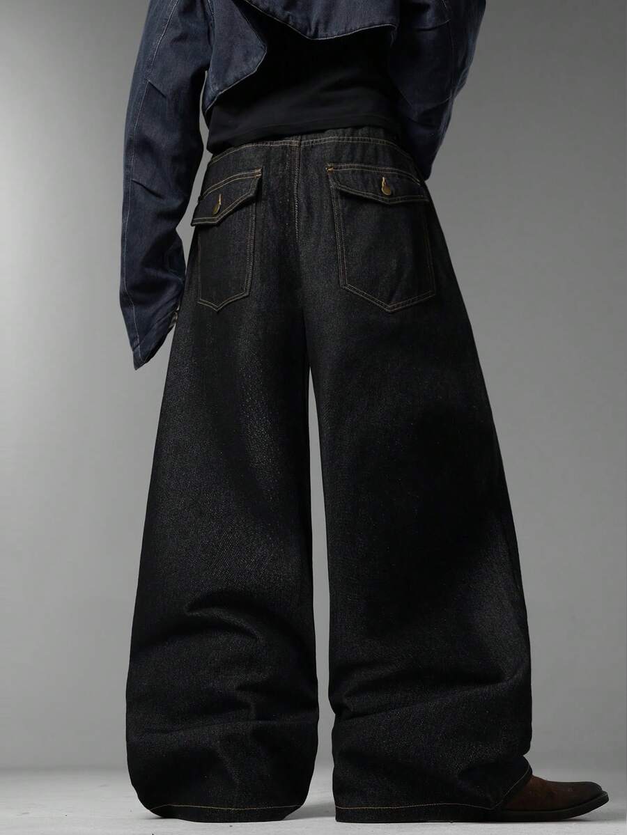 Men's Korean Wide Leg Jeans, Simple Style With Flap Back Pockets, Fashion Versatile Comfort Casual All-Season Pants (No Belt & Accessories) - Black - View 1