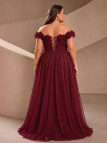 VIPGIRL Women's Elegant Plus Size Off-Shoulder Formal Evening Gown, 3D Rose Mesh Detail, Long Flare Ball Gown - Burgundy - View 2