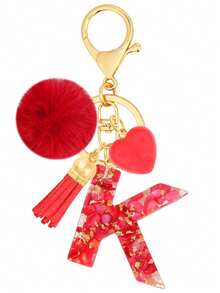 Cute Initial Red Heart Gold Foil Stone Tassel Pom Pom Keychain Resin Drip Glue Minimalist Personalized Key Chain For Women Bags Daily Wear And Gift - Red - View 12