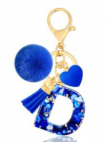 Cute A-Z Initial Keychain With Royal Blue Pom Pom, Heart And Tassel, Minimalist Personalized Key Chain For Women, Bag Charm, Daily Wear Accessory And Gift - Royal Blue - View 5