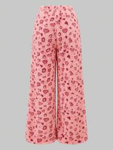 Girl's Double-Sided Arctic Wool Warm Velvet Heart-Shaped Leopard Print Sleep Pants,Bow Decoration Elastic Waist Wide Leg Pants Winter Home Sleep Pants - Pink - View 6
