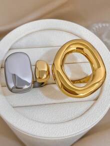 1Pc/Set Irregular Hollow Oval Gold Ring Two-Tone Curved Open Ring Set,Stainless Steel Jewelry For Women,Party,Daily,Birthday Gifts,Halloween,Boho/Y2K - Multicolor - View 2