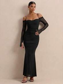 PARTHEA Gaun Maxi Mermaid Jala Hitam Elegan dengan Bahu Terbuka, Gaun Pesta Bodycon Berkerut dengan Tali Bahu Tipis dan Leher Bentuk Hati - Hitam - View 6