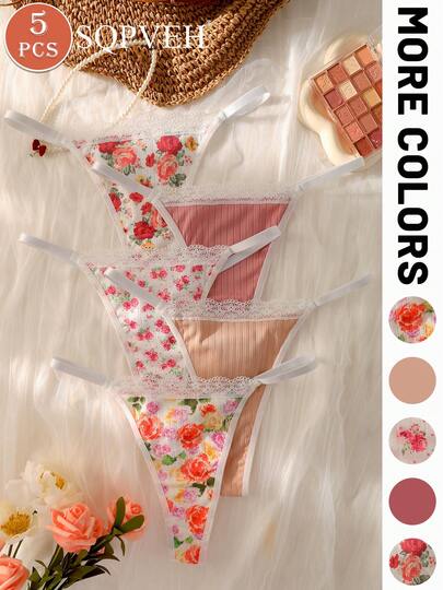 SQPVEH 5pcs/Pack Celana Dalam Thong Wanita Seksi Tanpa Jahitan dengan Motif Bunga Aneka Warna & Patchwork Renda Warna Polos
