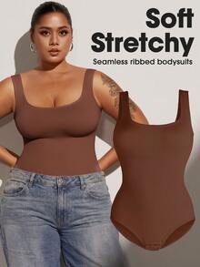 1pc Women Plus Size Seamless Bodysuit, Waist Cinching, Tummy Control, Butt Lifting - Brown - View 2
