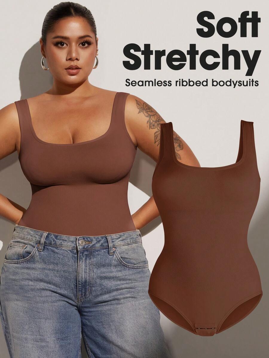 1pc Women Plus Size Seamless Bodysuit, Waist Cinching, Tummy Control, Butt Lifting