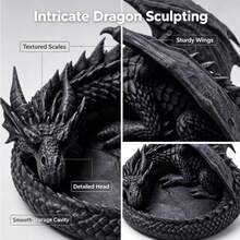 3D Printed Dragon Figurine Storage - Gothic Dark Fantasy - Dragon Statue - Key & Coin Holder - Unique Desktop Decor - Decorative Ornament - Gothic Style - Dragon Lover - Vintage Black Dragon - Realistic Texture - Multicolor - View 5