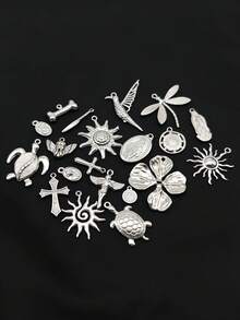20pcs Fashion Versatile Stainless Steel Multi-Element Flower/Turtle/Bird/Portrait/Sun/Angel Pendant DIY Bracelet Necklace Earring Jewelry Accessories - Silver - View 2