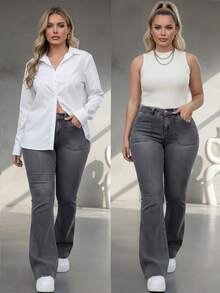 Plus Size Casual Fashion Washed Slim Fit Flare Jeans, Flare Pants Outfit For Autumn Outdoor Wear - Grey - View 8