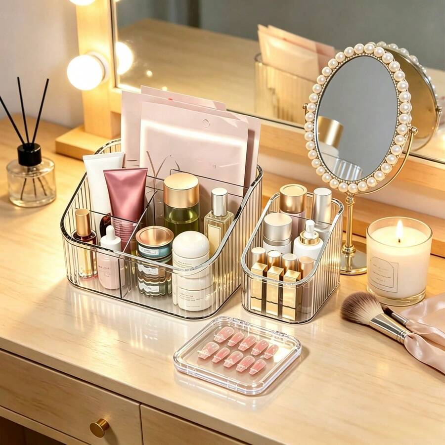 3pcs Portable Cosmetic Storage Box + Nail Art Storage Box (Set), Transparent Plastic Jewelry Storage Box, Makeup Organization And Storage, Hair Clips, Hair Accessories, Hair Ties And Other Jewelry Storage Box, Used For Bathroom Room Vanity Display Box, Bathroom Accessories - Clear - View 1