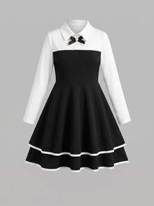Tween Girls' Summer Patchwork Lapel Dress With Bow Decor, Cinched Waist A-Line Princess Style - Black - View 3