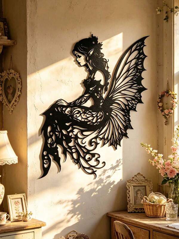 1pc Art Deco Metal Wall Sculpture - Enchanting Fairy Silhouette With Butterfly Wings, Intricate Design For Garden, Yard, Living Room Or Balcony Decor, Iron Outdoor Wall Mural, Outdoor Sculpture | Enchanting Fairy Pattern | Metal Wall Art, Decorative Ornament