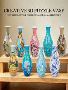 9Pcs/1 Set 3D Puzzle Vase Inner Liner Set, Decorative Hydroponic Plastic Flower Vase With Ocean Jellyfish Floral Pattern, Desktop Ornament For Home, Living Room, Office, Dining Table, Gift For Adult Women - Multicolor - View 13