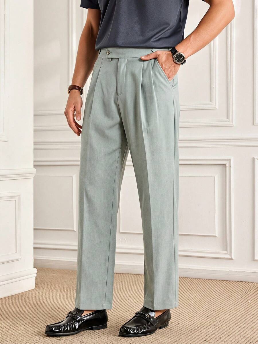 Officeau Men's Solid Color Casual Straight Leg Ankle Pants Without Belt Loops High Waisted Pleated Suit Mint Green Woven, Spring And Summer New High-Waisted - Green - View 1