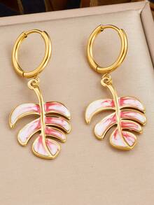 1 Pair Gold Tone Huggie Hoop Earring Color Swirl Enamel Monstera Leaf Charm Dangle Earrings Summer Boho Aesthetic Accessories - Leaves - View 6