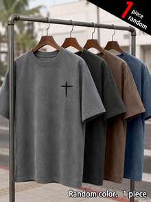 [1pc Random]1pc Boys' Casual Outdoor Sports Minimalist Suede Short Sleeve T-Shirt, Summer - Grey - View 1