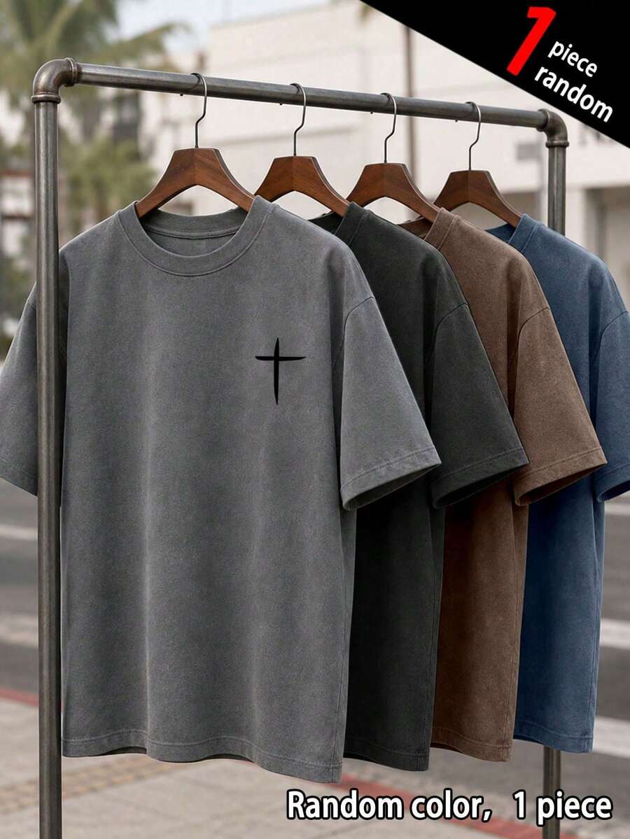 [1pc Random]1pc Boys' Casual Outdoor Sports Minimalist Suede Short Sleeve T-Shirt, Summer - Grey - View 1