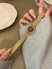 1件裝橢圓形復古風金色竹節錶帶石英女錶，優雅精緻，適合日常佩戴、生日禮物與派對 - 金色 - 查看 3