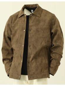 Men's Vintage Distressed Print Turn-Down Collar Thin Jacket, Single-Breasted Light Business Casual Outerwear, Spring/Autumn Daily Commute Long Sleeve Top - Brown - View 2