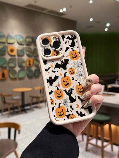 1pc Fashionable Pumpkin Bat Spider Web Halloween Element Pattern Lens Protection Thick Anti-Drop Anti-Fingerprint Beige Diamond Sand Strong Protection High Fashion Compatible With Apple/Transsion/HONOR/