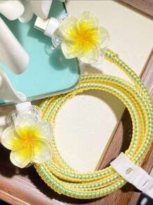1 Set TPU Flower Data Cable Protector, Protects Data Cable, Made Of Durable ABS Material - Compatible With Apple 18W/20W Charger, Protects Charging Phone Cable From Damage - Yellow Gardenia - View 4