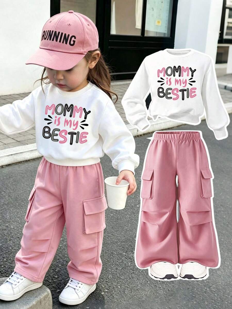 Baby Girl Letter Print Warm Crew Neck Sweatshirt And Cargo Pants - White - View 1