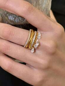 1pc Multi-Layer Fashion Gold Plated Ring Set With Zirconia Crystal Tassel, Adjustable Open Ring, Jewelry For Wedding, Party - Multicolor - View 2